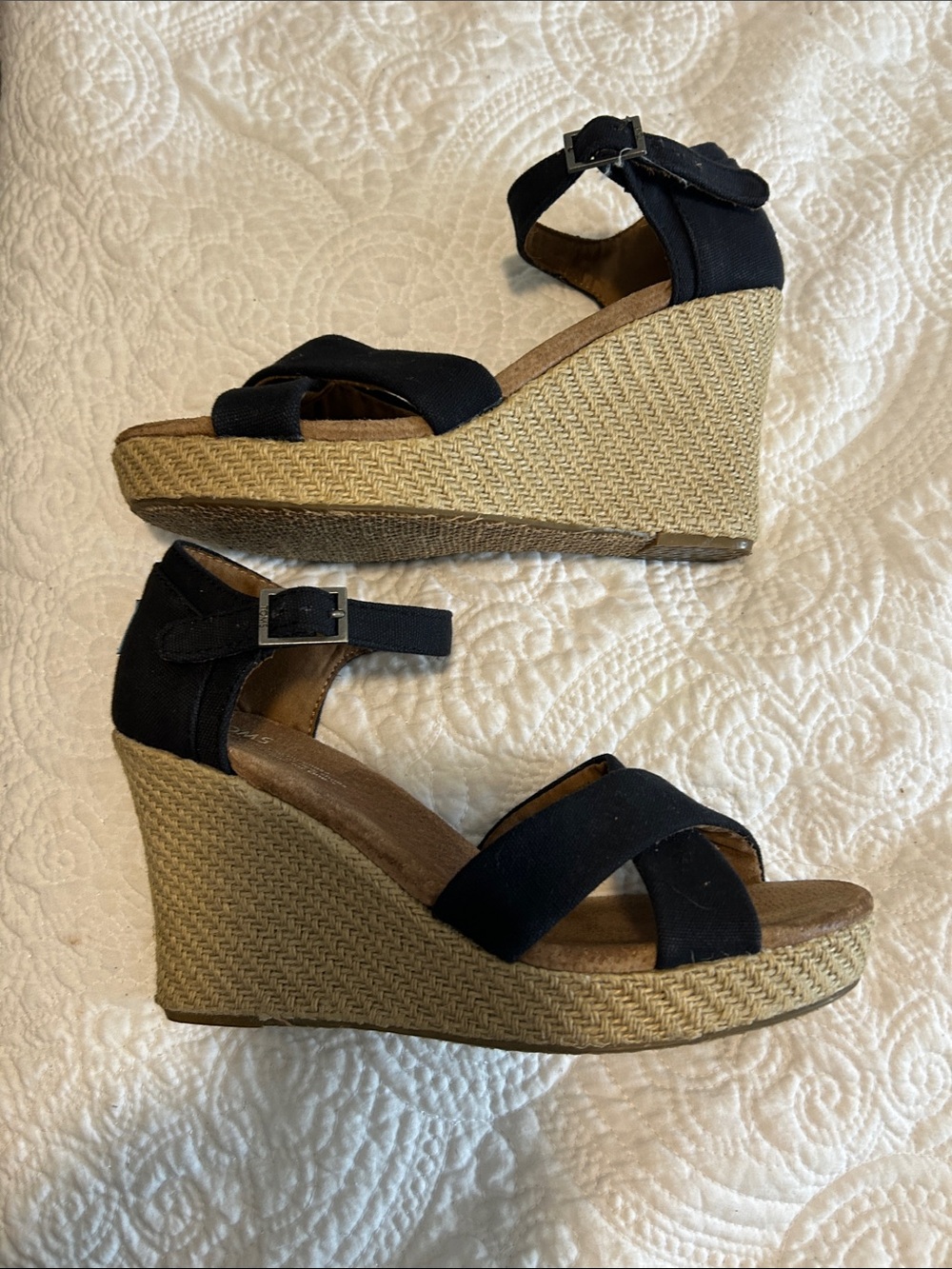 Toms Black Cork Wedge Ankle-Strap Sandals - Picture 6 of 9